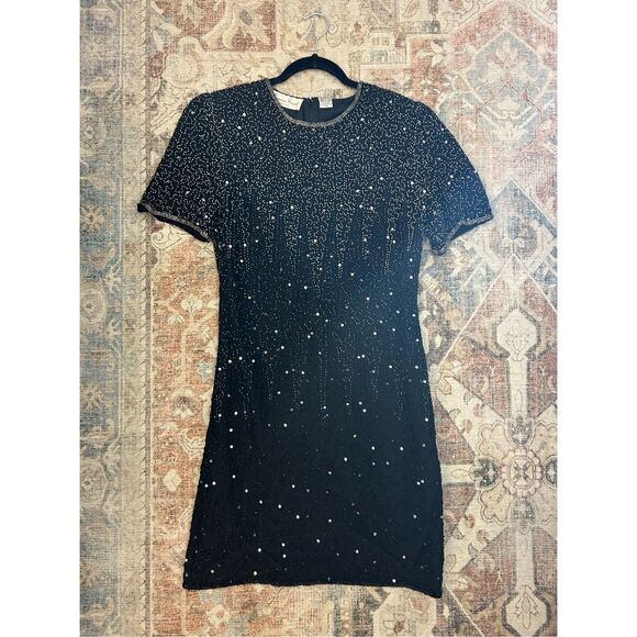 Laurence Kazar Black Sequins Silk Beaded Dress Size Medium Petite - Picture 1 of 12